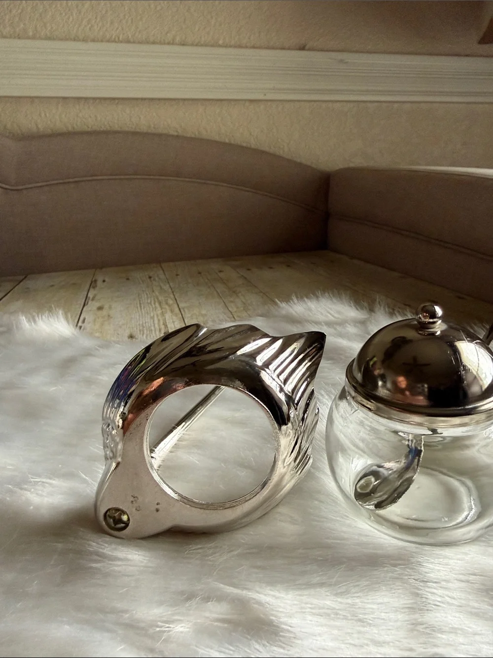 Vintage Silver Swirl Swan Glass Jam Pot with Lid & Spoon